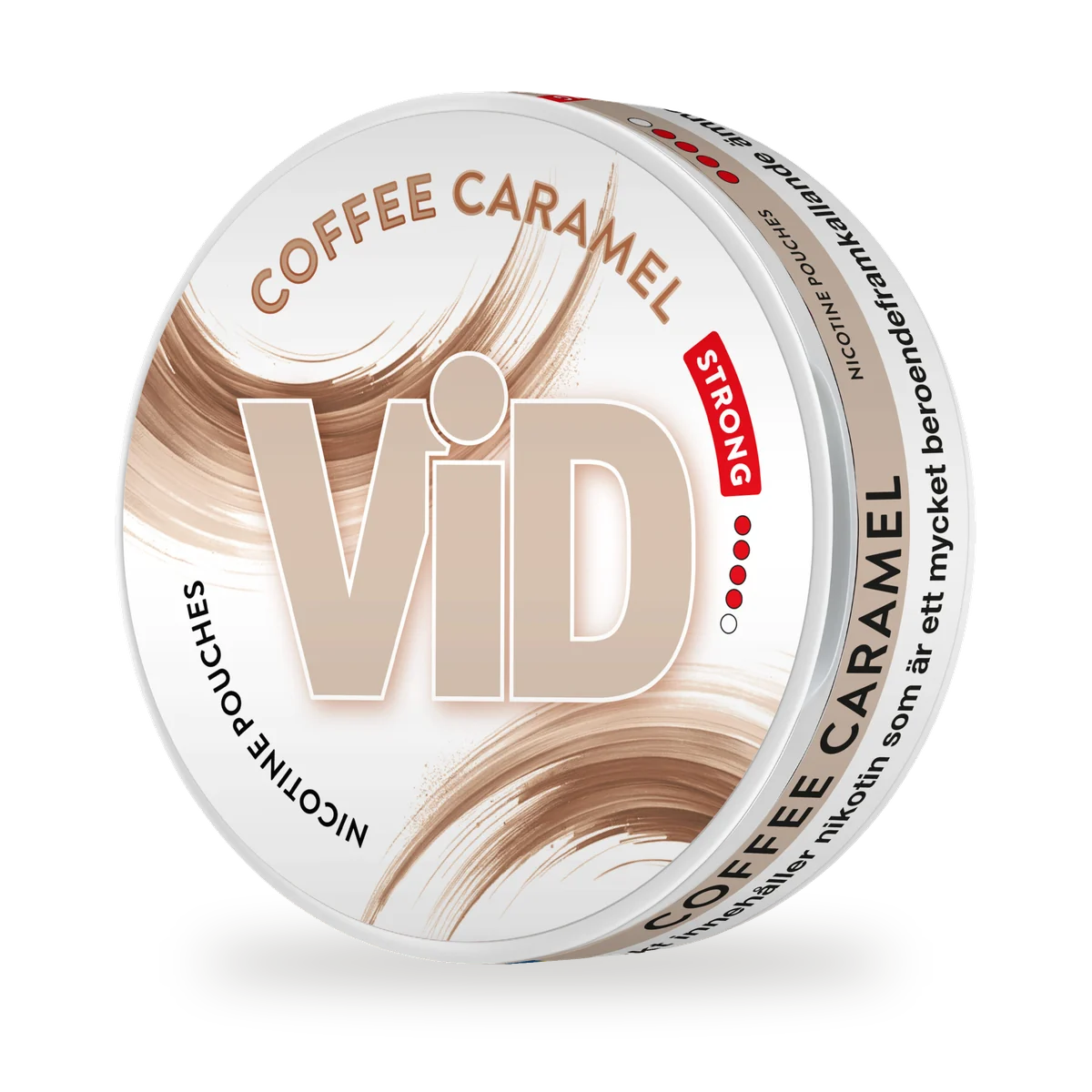 ViD Coffee Caramel Strong — Zrna kafe sa karamelizovanom vanilom, jače otpuštanje nikotina, bela kesica proizvođača Kurbits, Švedska